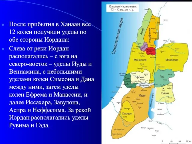 После прибытия в Ханаан все 12 колен получили уделы по