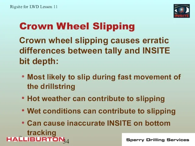 Crown Wheel Slipping Most likely to slip during fast movement of the drillstring