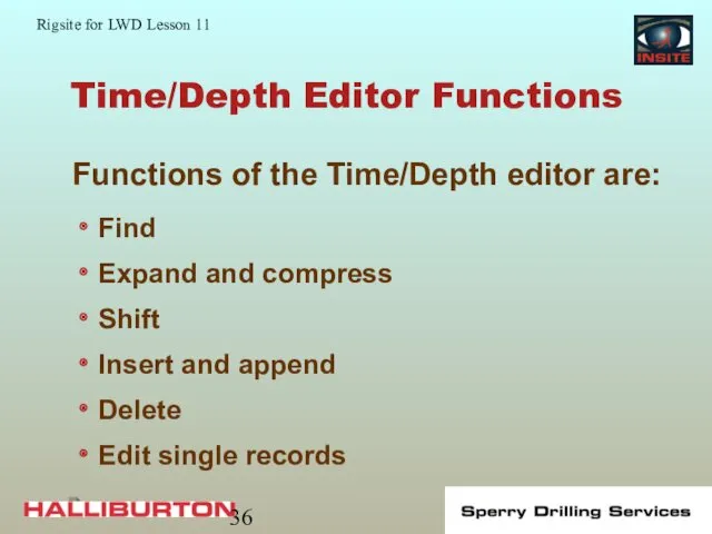 Time/Depth Editor Functions Find Expand and compress Shift Insert and append Delete Edit