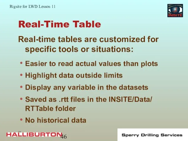 Real-Time Table Real-time tables are customized for specific tools or situations: Easier to