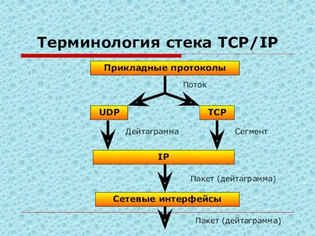 Терминология стека TCP/IP Прикладные протоколы TCP UDP IP Сетевые интерфейсы Поток Дейтаграмма Сегмент