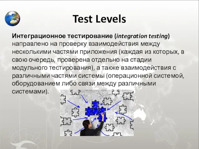 Test Levels Интеграционное тестирование (integration testing) направлено на проверку взаимодействия