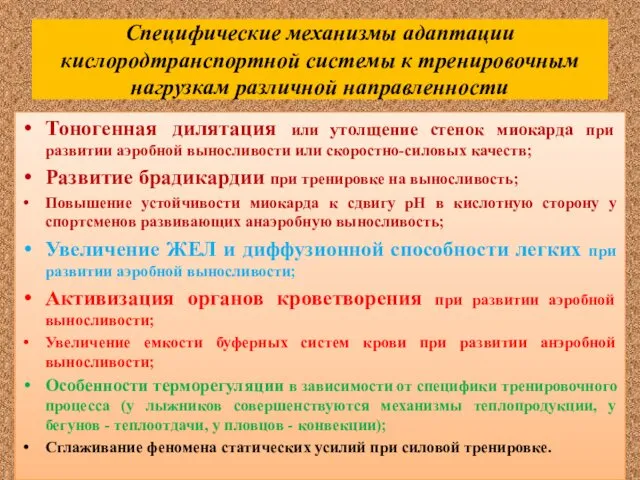 Специфические механизмы адаптации кислородтранспортной системы к тренировочным нагрузкам различной направленности