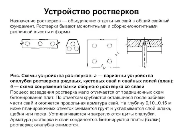 Устройство ростверков Назначение ростверков — объединение отдельных свай в общий