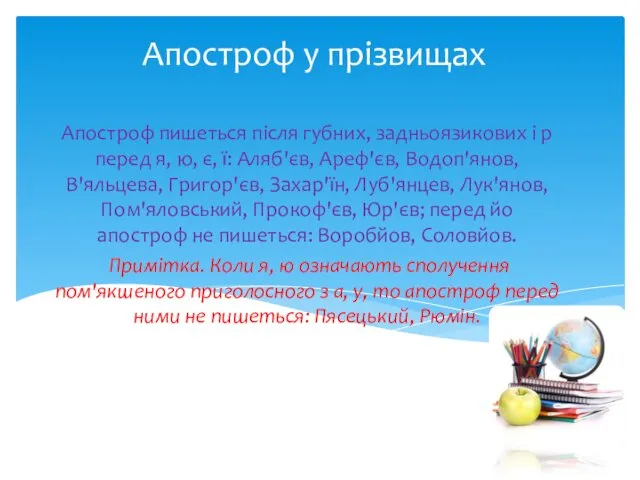 Апостроф у прізвищах Апостроф пишеться після губних, задньоязикових і р