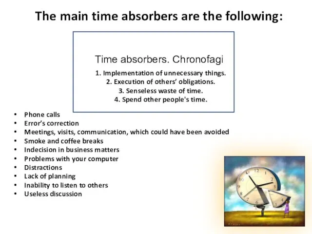 The main time absorbers are the following: Time absorbers. Chronofagi