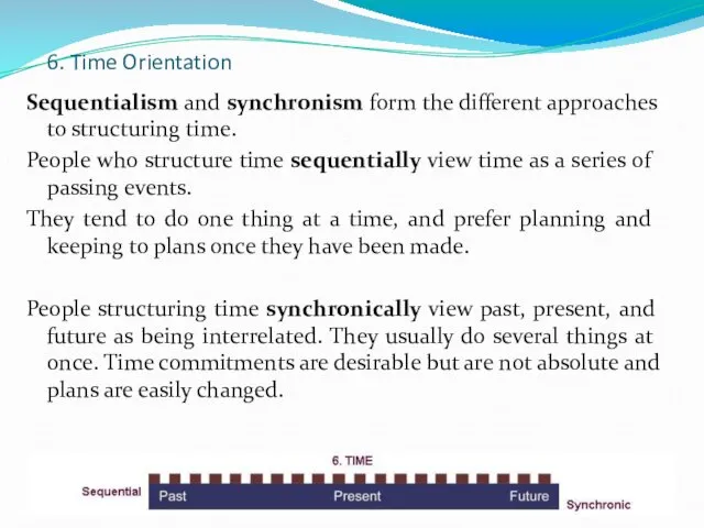 6. Time Orientation Sequentialism and synchronism form the different approaches