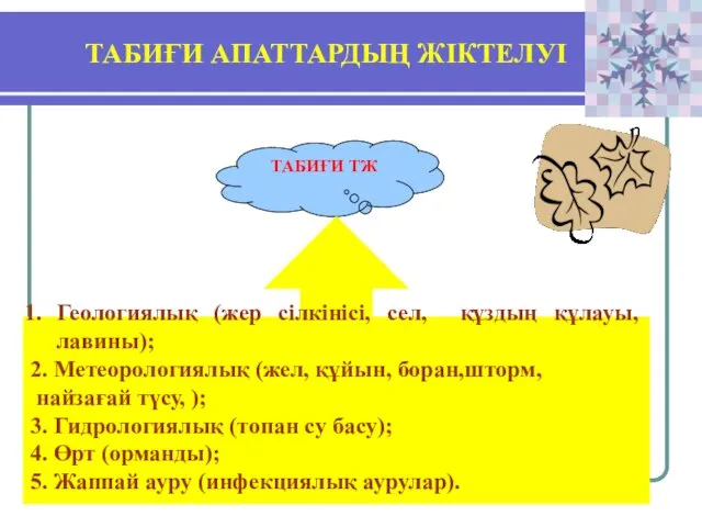 ТАБИҒИ АПАТТАРДЫҢ ЖІКТЕЛУІ ТАБИҒИ ТЖ Геологиялық (жер сілкінісі, сел, құздың