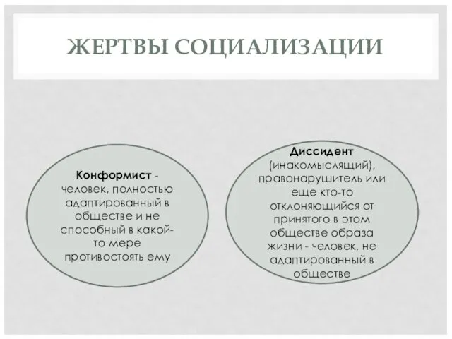 ЖЕРТВЫ СОЦИАЛИЗАЦИИ Конформист - человек, полностью адаптированный в обществе и