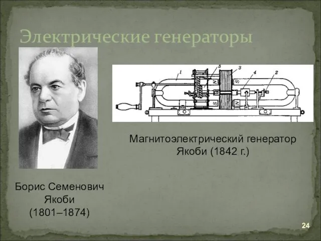 Электрические генераторы Борис Семенович Якоби (1801–1874) Магнитоэлектрический генератор Якоби (1842 г.)