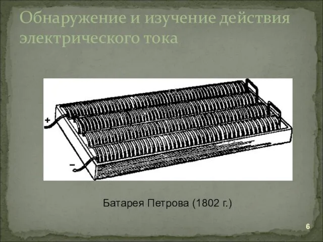 Обнаружение и изучение действия электрического тока Батарея Петрова (1802 г.)