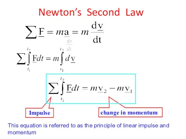 This equation is referred to as the principle of linear impulse and momentum Newton’s Second Law