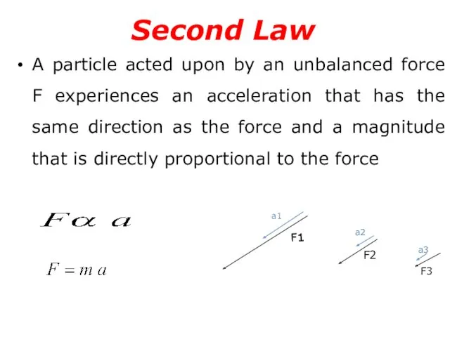 Second Law A particle acted upon by an unbalanced force F experiences an
