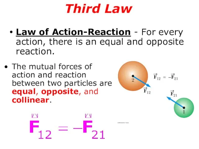 Third Law Law of Action-Reaction - For every action, there is an equal