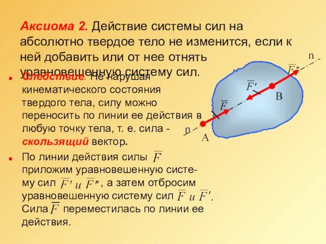 Аксиома 2. Действие системы сил на абсолютно твердое тело не