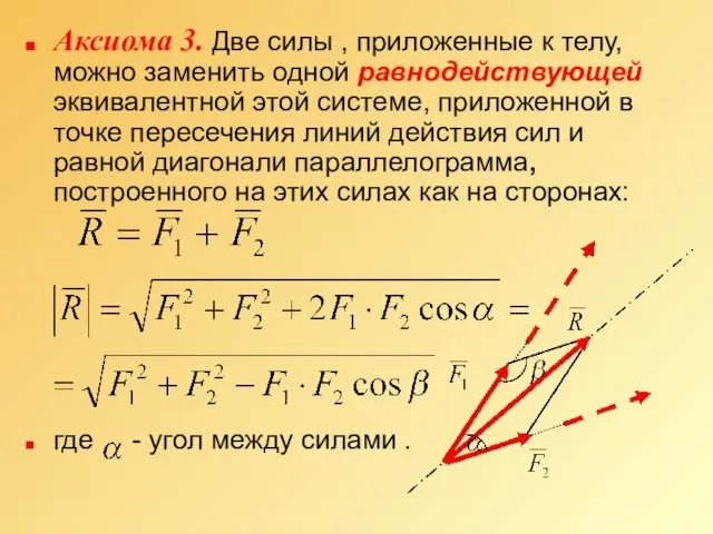 Аксиома 3. Две силы , приложенные к телу, можно заменить