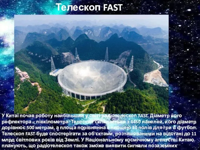 Телескоп FAST У Китаї почав роботу найбільший у світі радіотелескоп FAST. Діаметр його
