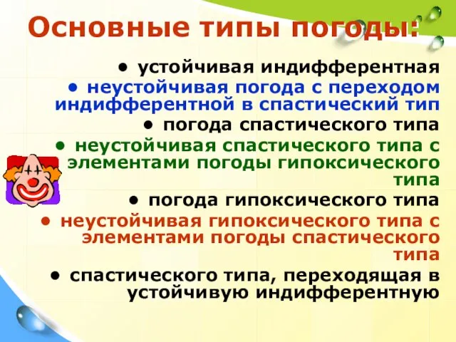 Основные типы погоды: устойчивая индифферентная неустойчивая погода с переходом индифферентной