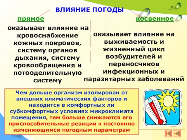 ВЛИЯНИЕ ПОГОДЫ прямое косвенное оказывает влияние на кровоснабжение кожных покровов,