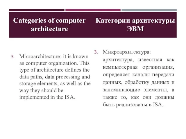 Microarchitecture: it is known as computer organization. This type of architecture defines the