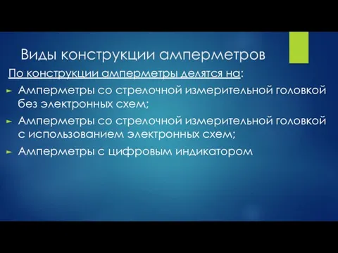 Виды конструкции амперметров По конструкции амперметры делятся на: Амперметры со