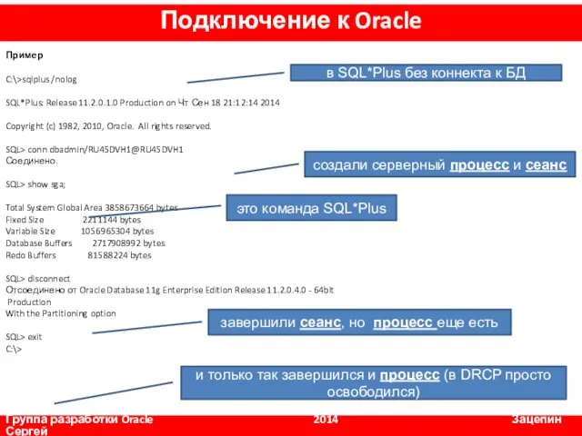 Пример C:\>sqlplus /nolog SQL*Plus: Release 11.2.0.1.0 Production on Чт Сен 18 21:12:14 2014