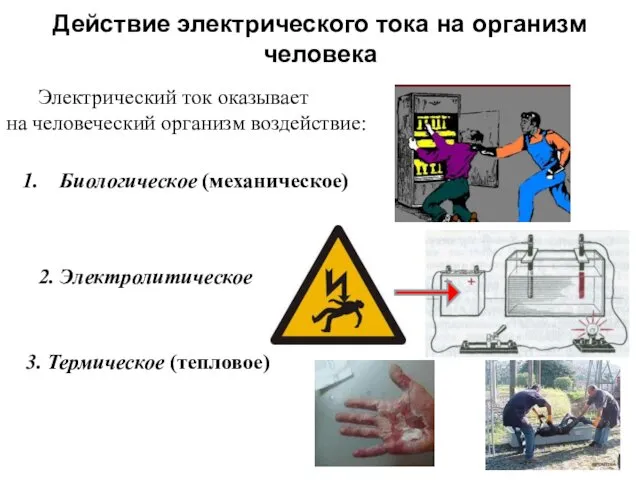 Действие электрического тока на организм человека Электрический ток оказывает на