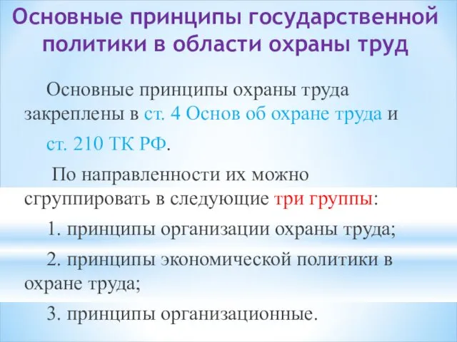 Основные принципы государственной политики в области охраны труд Основные принципы