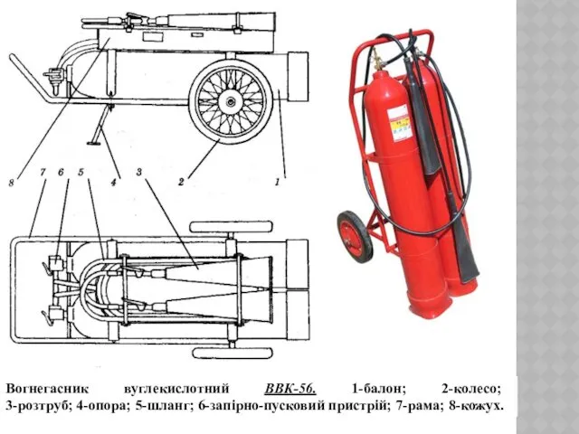 Вогнегасник вуглекислотний ВВК-56. 1-балон; 2-колесо; 3-розтруб; 4-опора; 5-шланг; 6-запірно-пусковий пристрій; 7-рама; 8-кожух.