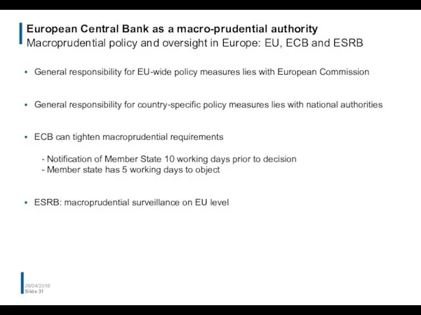 European Central Bank as a macro-prudential authority Macroprudential policy and