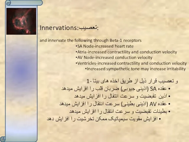 Innervations:تعصیب: and innervate the following through Beta-1 receptors SA Node-increased heart rate Atria-increased