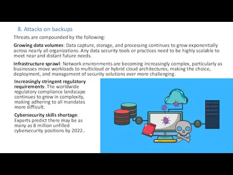 8. Attacks on backups Threats are compounded by the following: