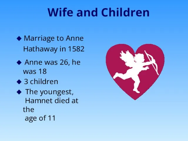 Wife and Children ◆ Marriage to Anne Hathaway in 1582