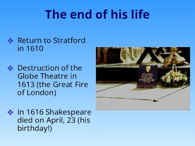The end of his life Return to Stratford in 1610