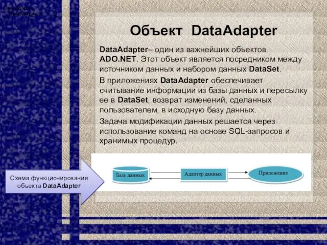 Объект DataAdapter DataAdapter– один из важнейших объектов ADO.NET. Этот объект