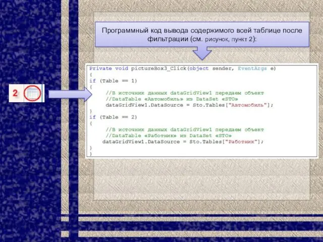 Программный код вывода содержимого всей таблице после фильтрации (см. рисунок, пункт 2):