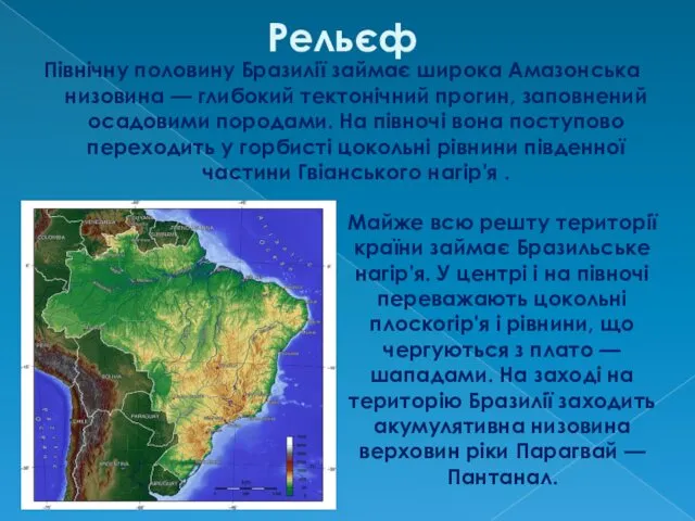 Північну половину Бразилії займає широка Амазонська низовина — глибокий тектонічний