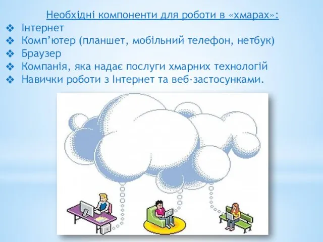 Необхідні компоненти для роботи в «хмарах»: Інтернет Комп’ютер (планшет, мобільний