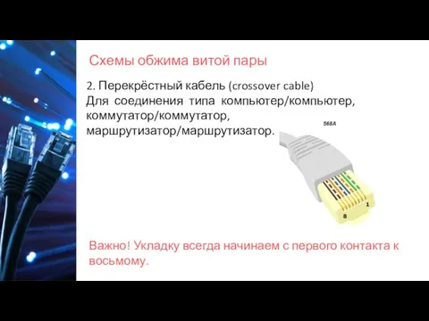 Схемы обжима витой пары Важно! Укладку всегда начинаем с первого