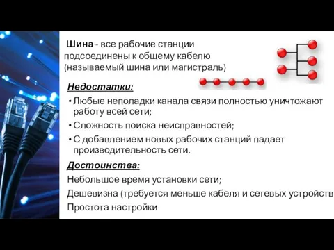 Достоинства: Небольшое время установки сети; Дешевизна (требуется меньше кабеля и