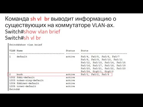 Команда sh vl br выводит информацию о существующих на коммутаторе