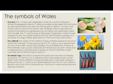 The symbols of Wales The leek. This humble root vegetable