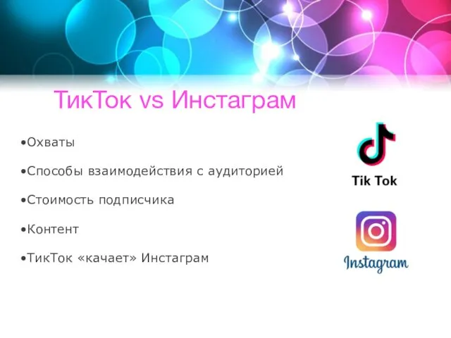 ТикТок vs Инстаграм Охваты Способы взаимодействия с аудиторией Стоимость подписчика Контент ТикТок «качает» Инстаграм