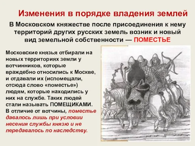 Изменения в порядке владения землей Московские князья отбирали на новых