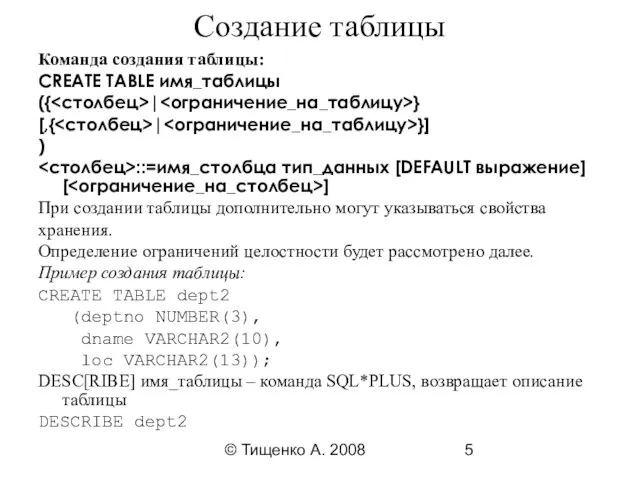 © Тищенко А. 2008 Создание таблицы Команда создания таблицы: CREATE