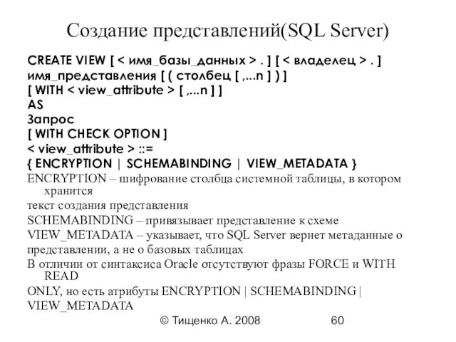 © Тищенко А. 2008 Создание представлений(SQL Server) CREATE VIEW [