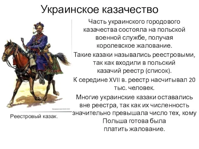 Украинское казачество Часть украинского городового казачества состояла на польской военной службе, получая королевское