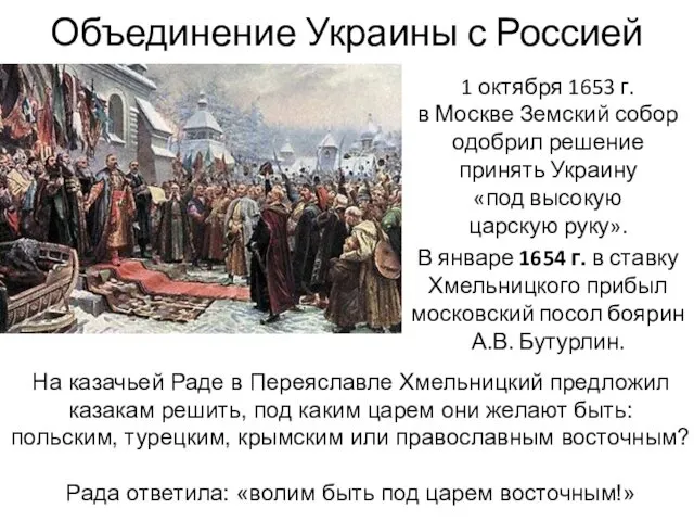 Объединение Украины с Россией 1 октября 1653 г. в Москве Земский собор одобрил