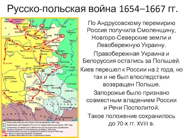 Русско-польская война 1654–1667 гг. По Андрусовскому перемирию Россия получила Смоленщину, Новгоро-Северские земли и