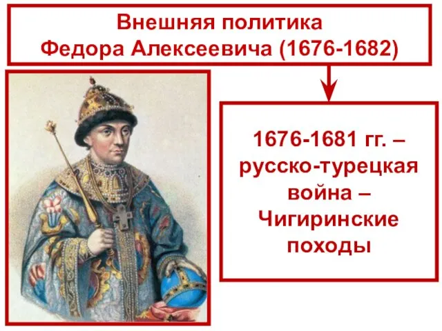 Внешняя политика Федора Алексеевича (1676-1682) 1676-1681 гг. – русско-турецкая война – Чигиринские походы